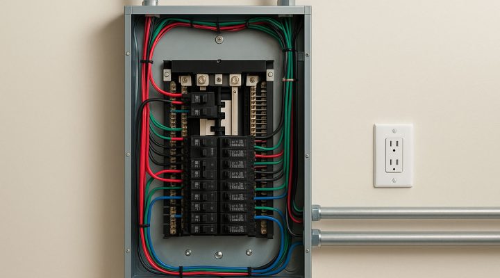 Close-up of a neatly wired electrical service panel with red, black, blue, and green wires connected to circuit breakers, next to a standard wall outlet.