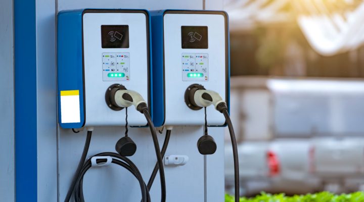 Electric car charging station for charge EV battery. Plug for vehicle with electric and hybrid engine.